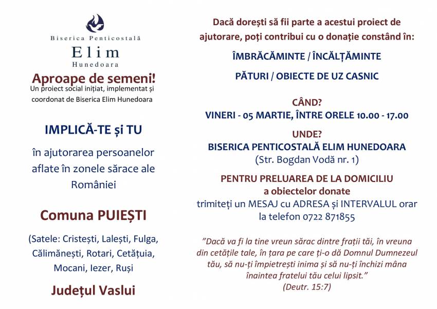 Biserica Elim Hunedoara ◉ Proiect caritabil: ”APROAPE DE SEMENI”