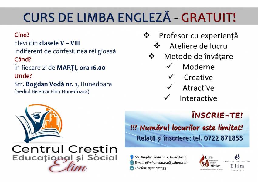Centrul Creștin Educațional și Social Elim Hunedoara ◉ Curs gratuit de limba engleză