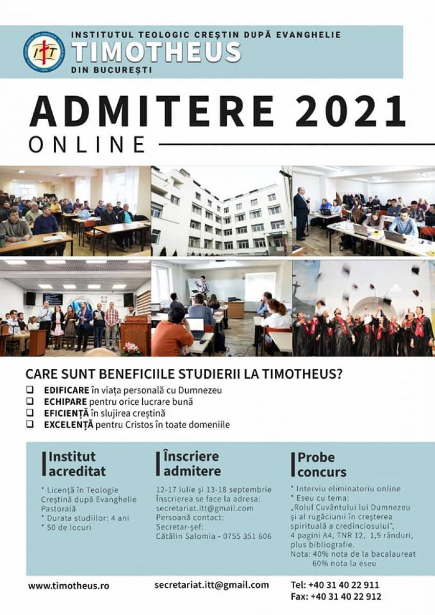 Admitere 2021 la Institutul Teologic Creștin după Evanghelie Timotheus București