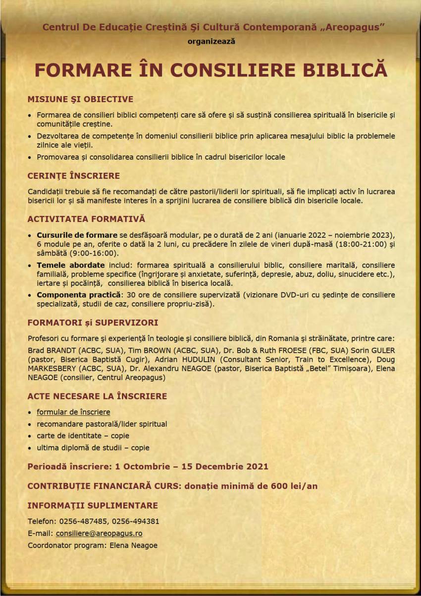 Curs de Formare în Consilierea Biblică la Centrul Areopagus Timișoara