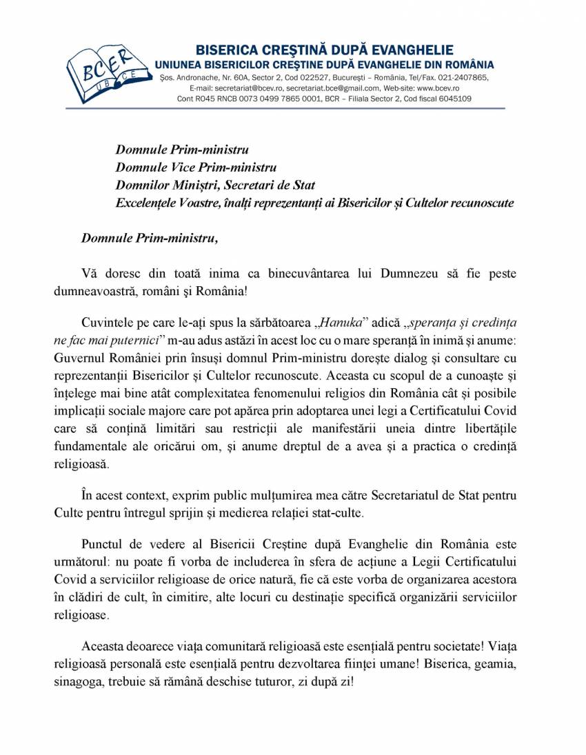 Punctul de vedere al Bisericii Creștine după Evanghelie din România față de Legea certificatului Covid