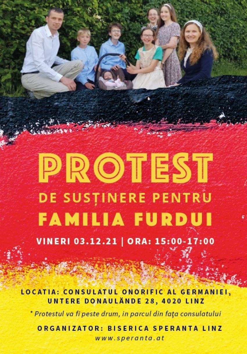 Protest pentru susținerea Familiei Furdui în fața Consulatului Onorific al Germaniei din Linz