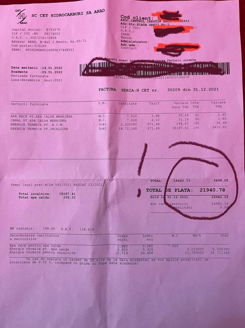 TERIFIANT! Factură la căldură de 22.000 de mii lei pentru Biserica Râul Trezirii Arad!
