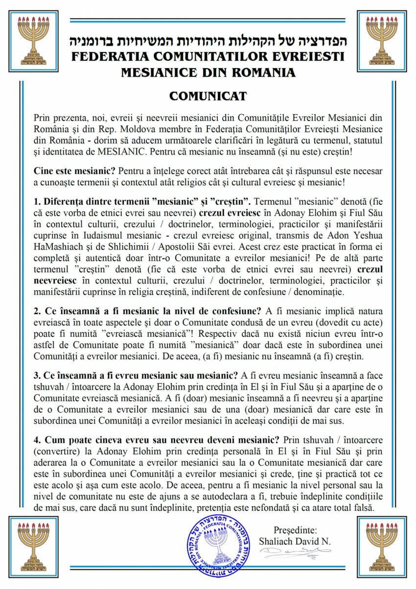 Federația Comunităților Evreiești Mesianice din România ◉ COMUNICAT
