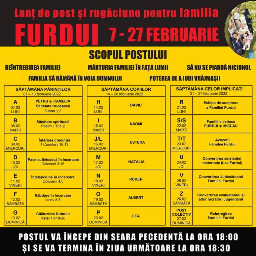 Lanț de POST și RUGĂCIUNE pentru Familia Furdui în perioada 7-27 februarie 2022