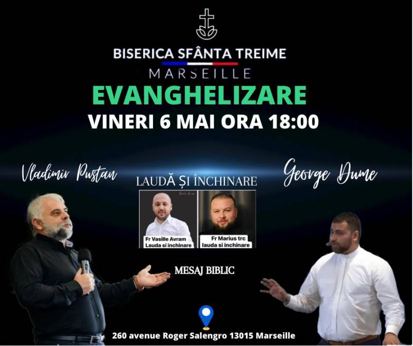 Evanghelizare cu Vladimir Pustan și George Dume la Biserica Sfânta Treime Marseille