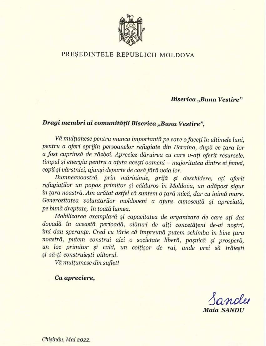 Președinte Republicii Moldova, Maia Sandu, mulțumeste Bisericii Buna Vestire Chișinău!