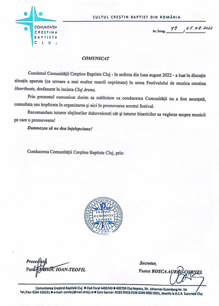 Comunicatul Comunității Baptiste Cluj cu privire la festivalul HeartBeats