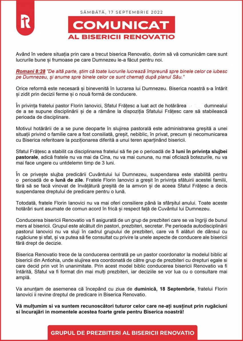 COMUNICAT al Bisericii Renovatio București