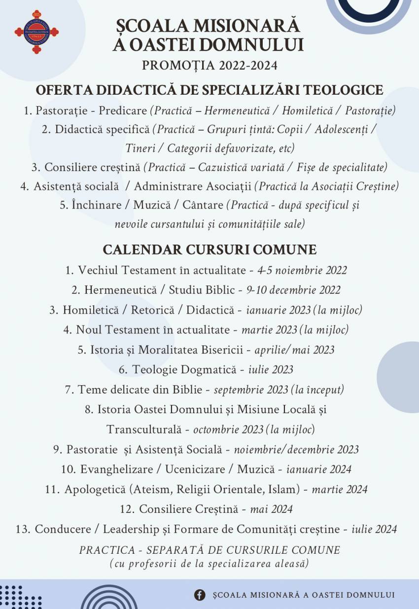 Înscrieri la Școala Misionară a Oastei Domnului