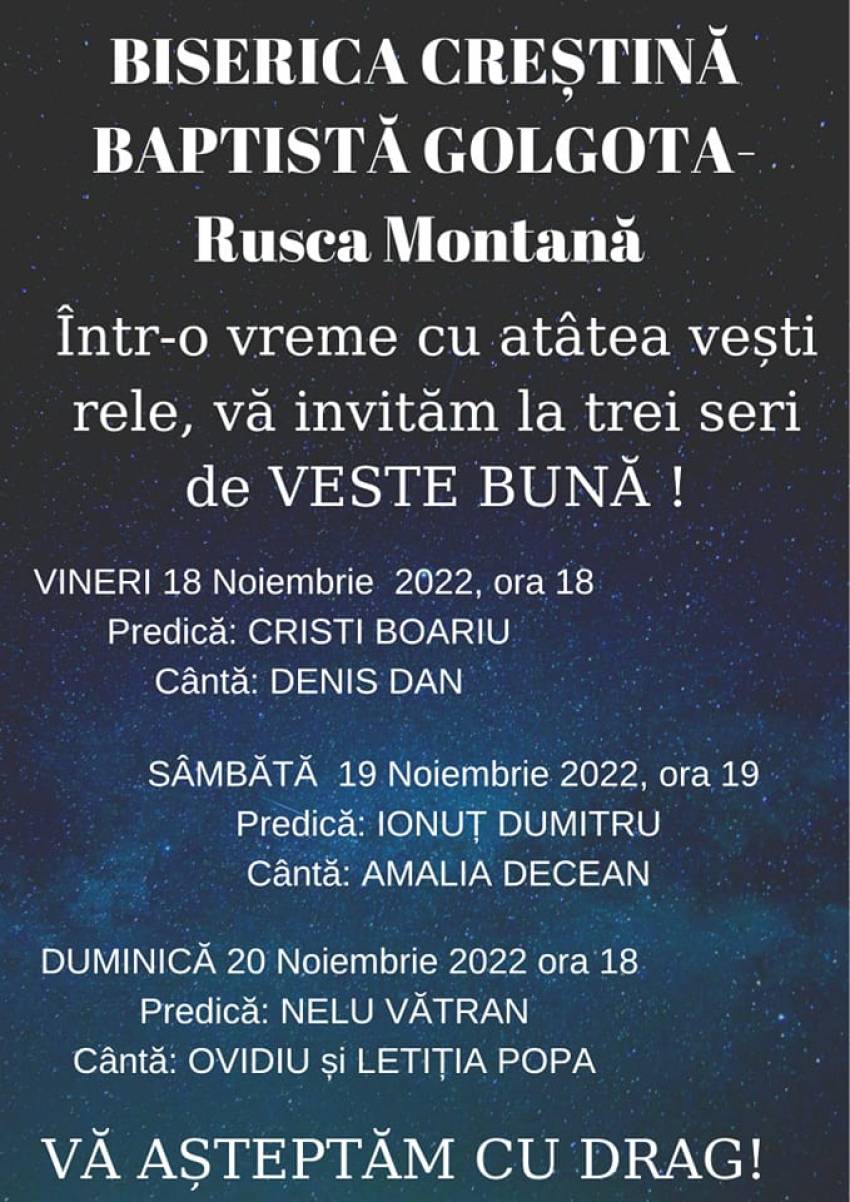 Seri de evanghelizare la Biserica Golgota Rusca Montană