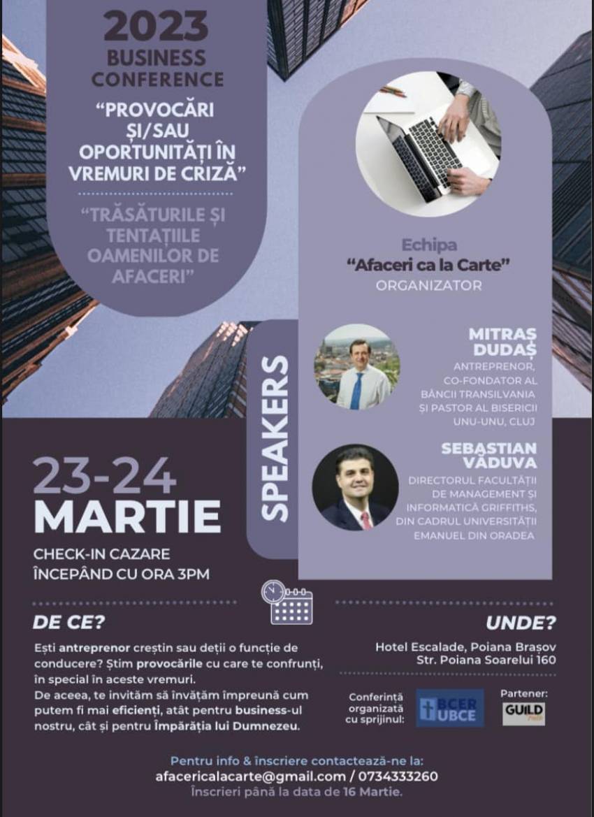 Conferinţă pentru antreprenori creștini cu Mitraș Dudaș și Sebastian Văduva la Poiana Brașov