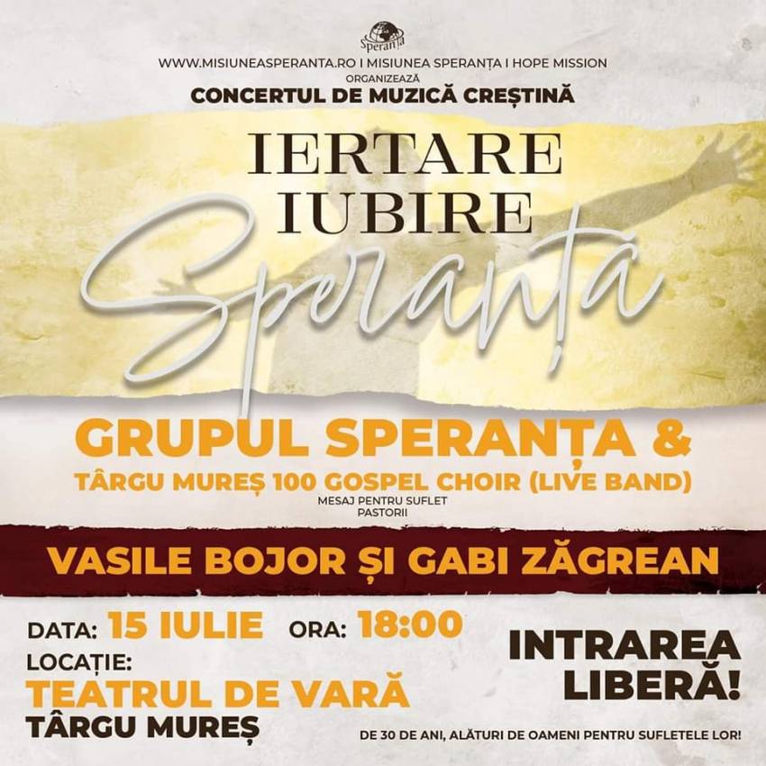 Concert Grupul Speranța & Târgu Mureș 100 Gospel Choir la Teatrul de Vară Târgu Mureș