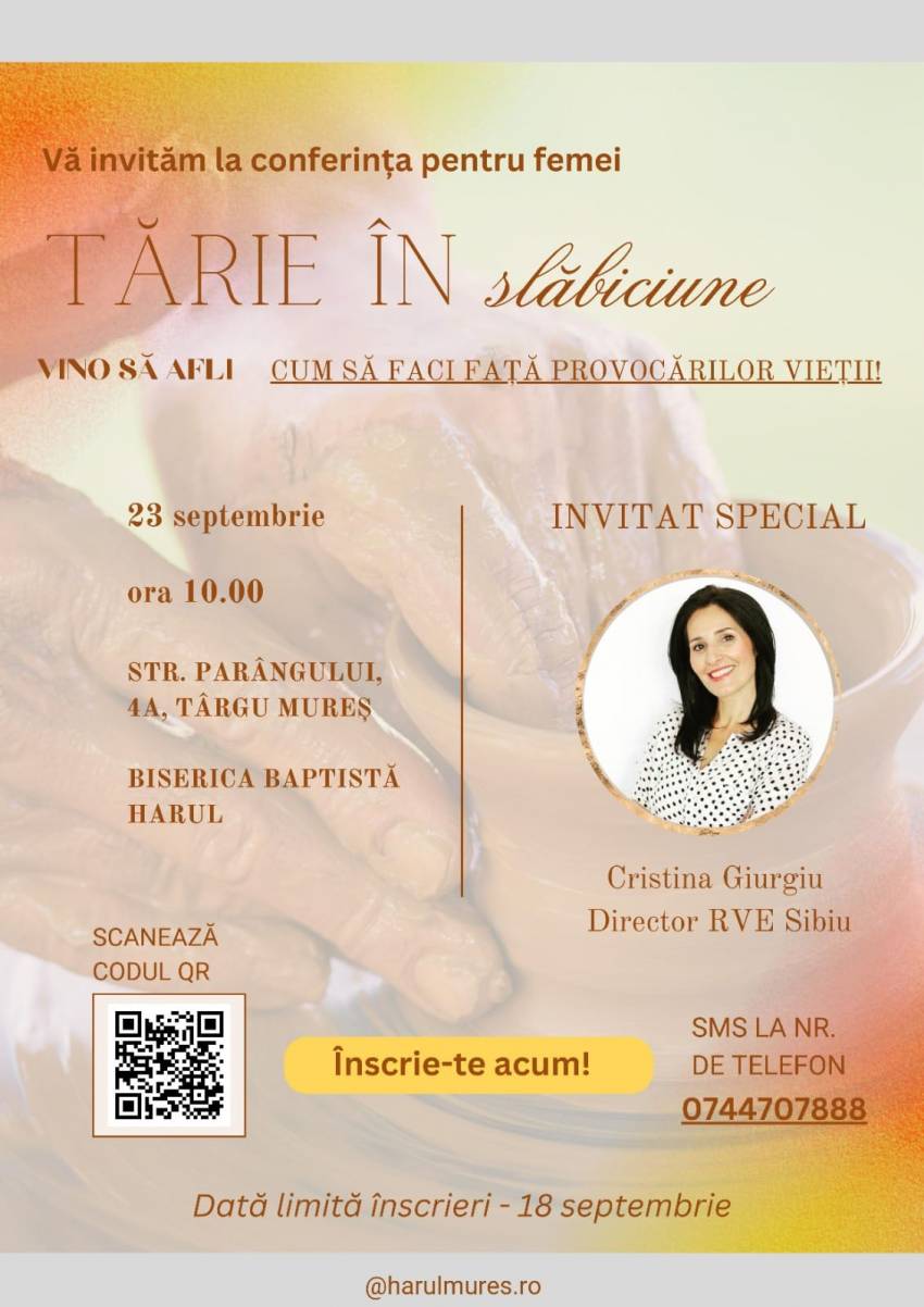 Conferință pentru femei cu Cristina Giurgiu la Biserica Harul Târgu Mureș