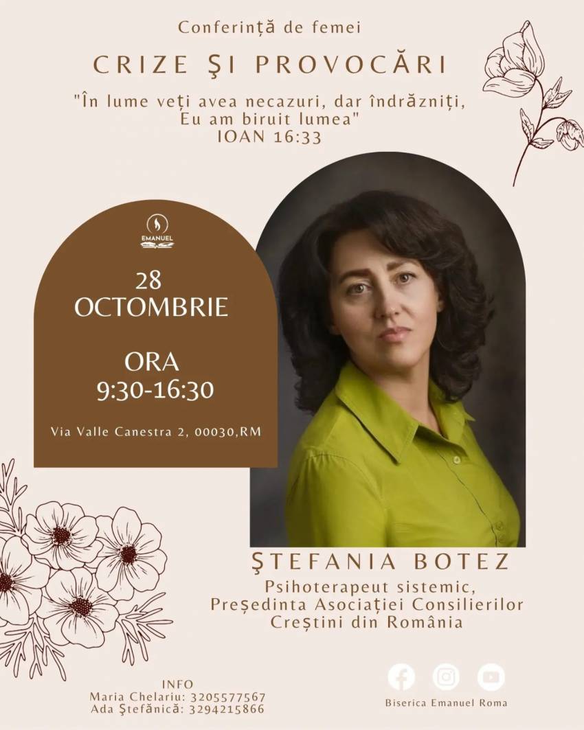 Conferință pentru femei cu Ștefania Botez la Biserica Emanuel Roma
