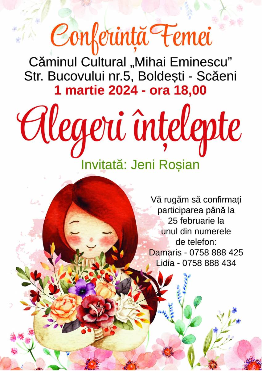Conferință pentru femei cu Jeni Roșian la Căminul Cultural Boldești-Scăeni