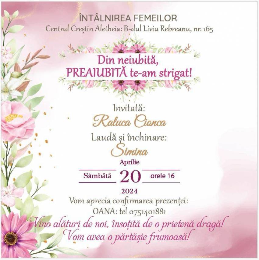 Întâlnire pentru femei la Biserica Aletheia Timișoara