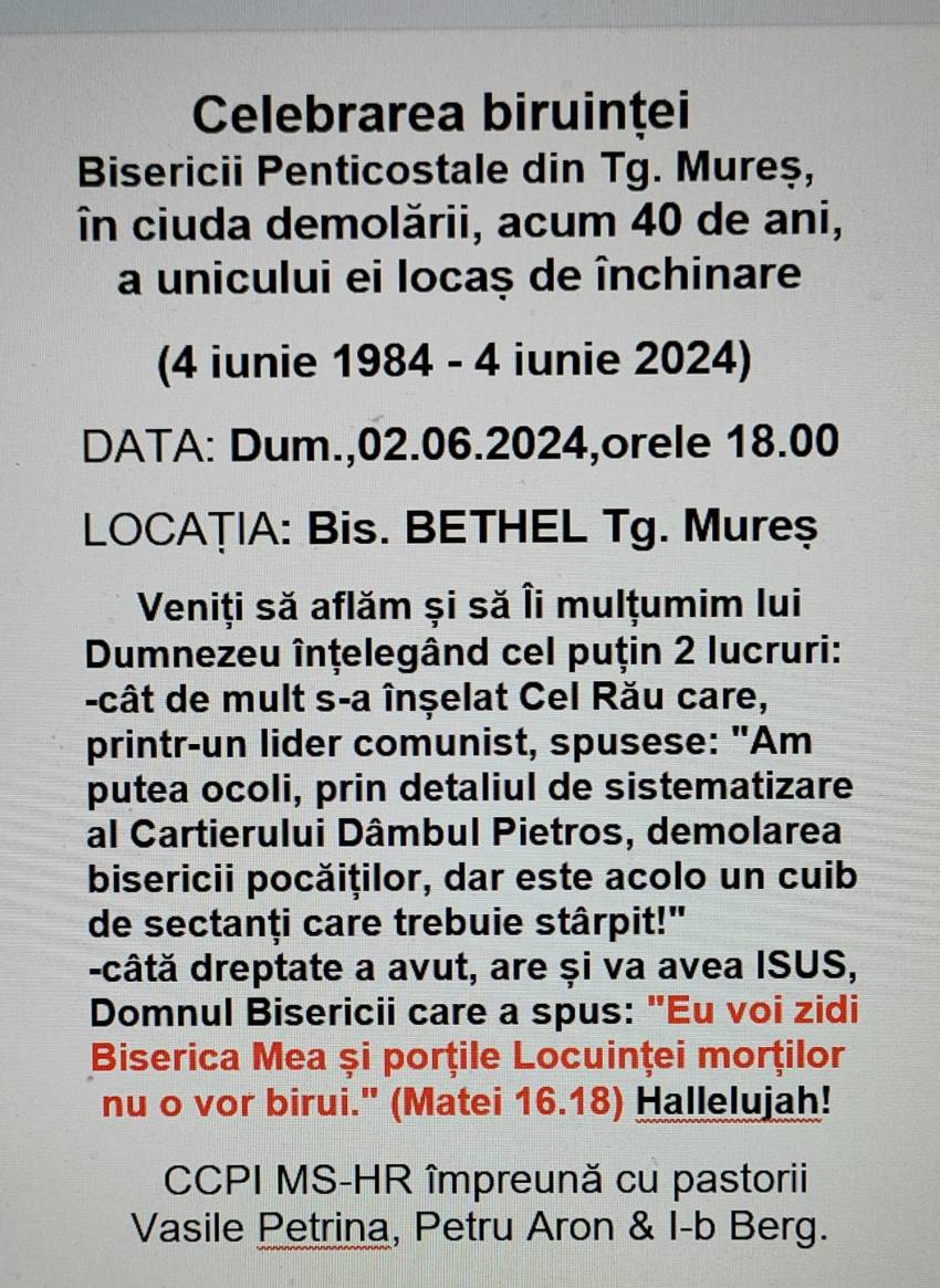 Aniversare 40 de ani la Biserica Bethel Târgu Mureș