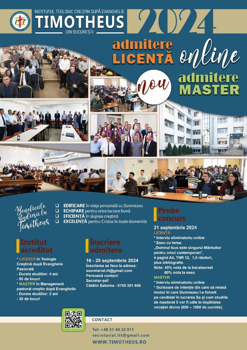 Admitere online 2024 la Institutul Teologic Timotheus București