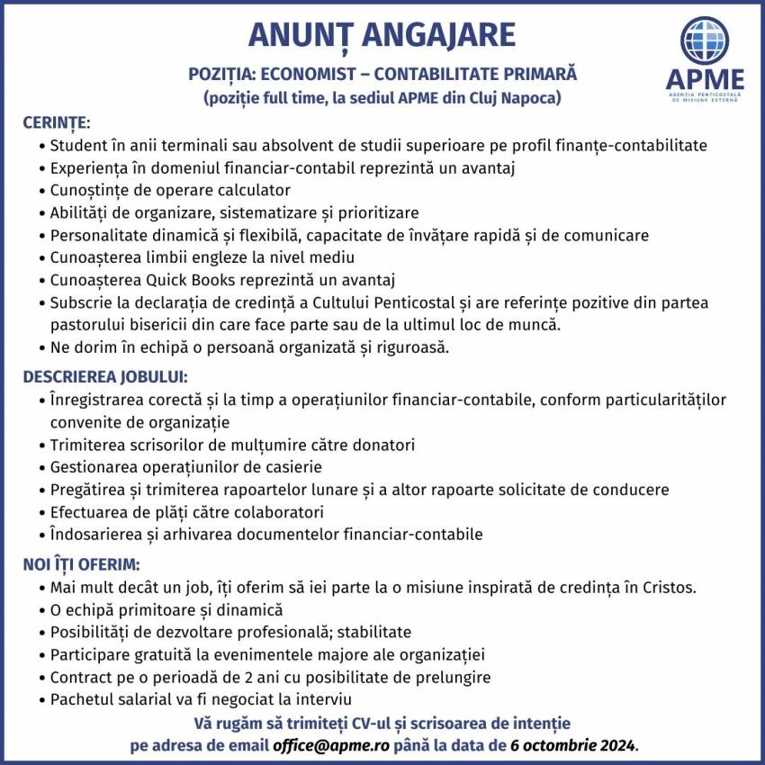 APME - Agenția Penticostală de Misiune Externă: Anunț angajare