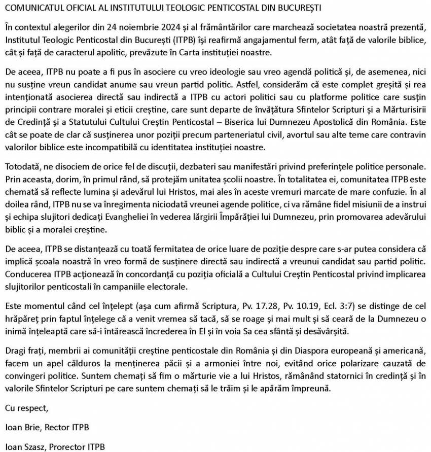Institutul Penticostal București: Susținerea unor poziții precum parteneriatul civil sau avortul este incompatibilă cu identitatea instituției noastre