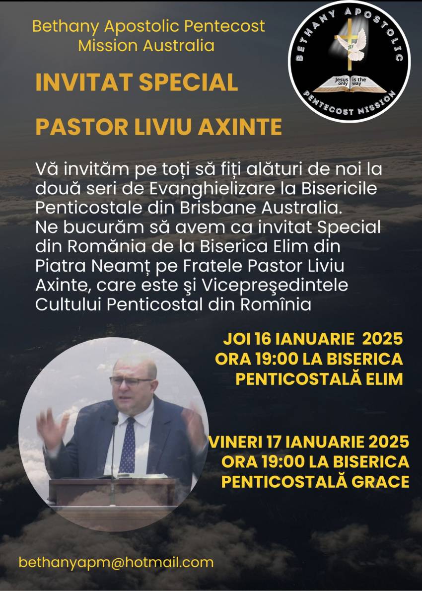 Seri de evanghelizare cu Liviu Axinte în Bisericile Penticostale Române din Brisbane, Australia