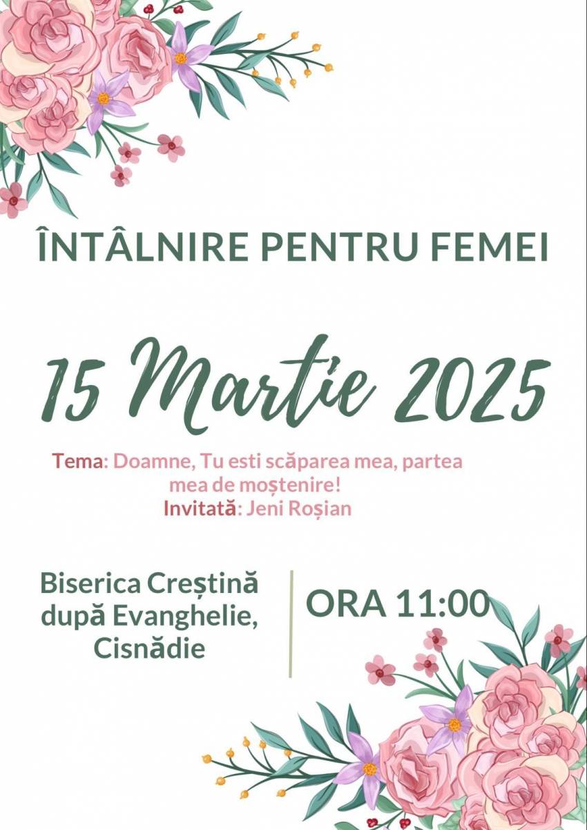 Întâlnire pentru femei cu Jeni Roşian la Biserica CDE Cisnădie