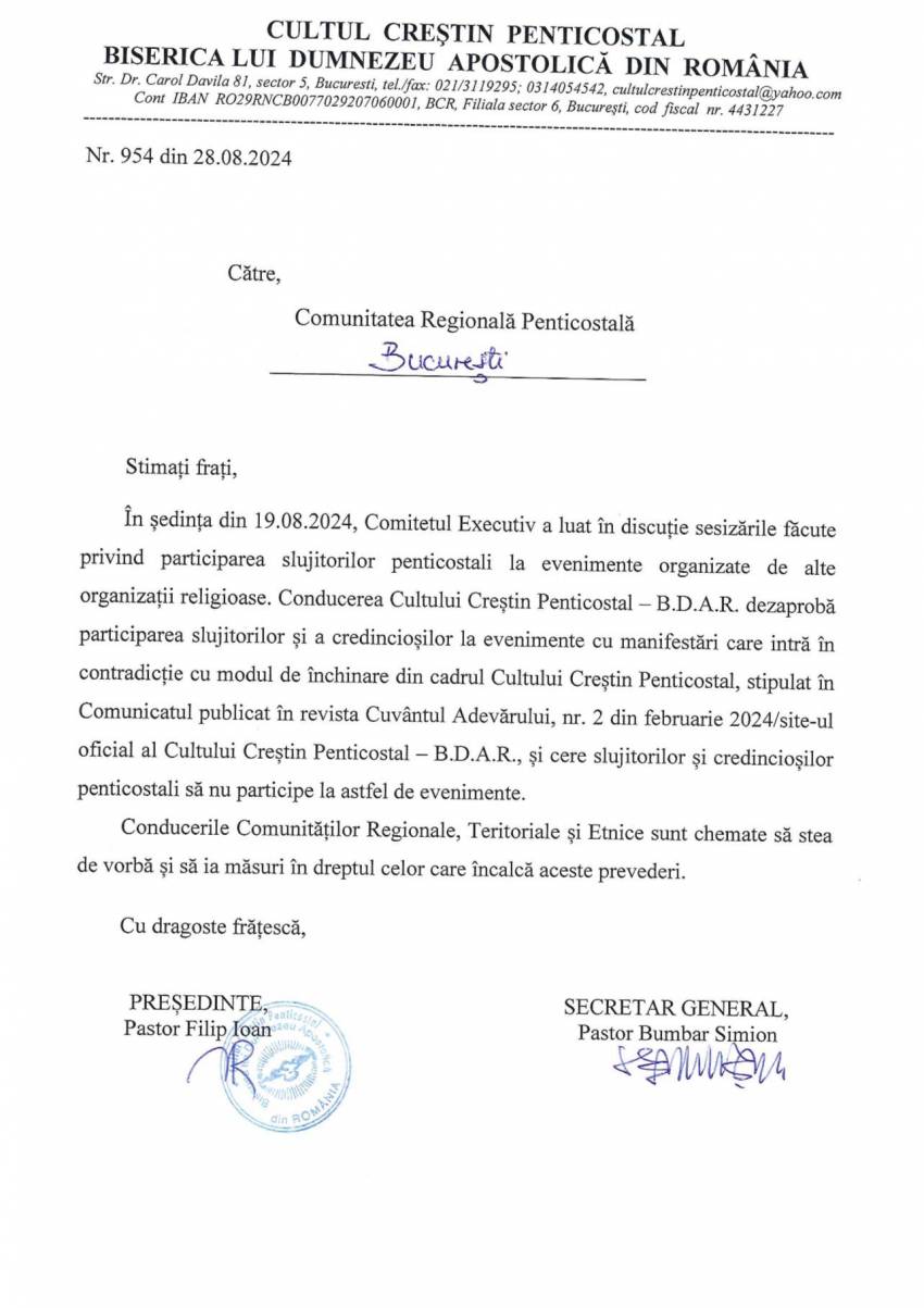 Uniunea Bisericilor Române Penticostale din Statele Unite și Canada ◉ COMUNICAT 