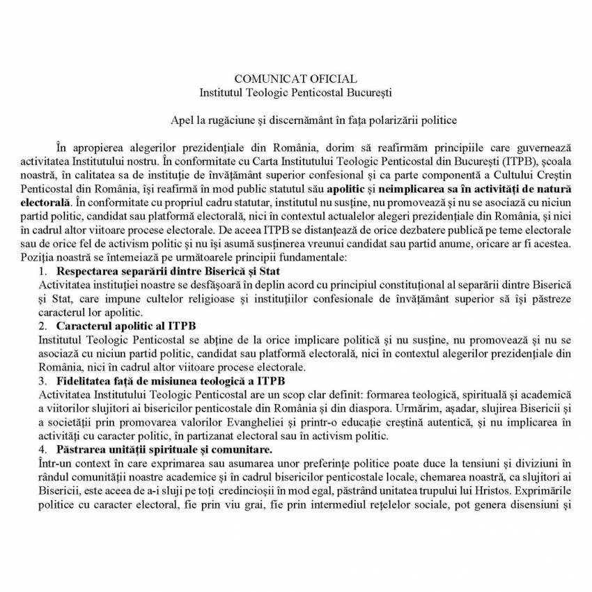 Institutul Penticostal București ◉ COMUNICAT OFICIAL