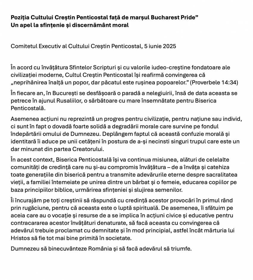 Poziția Cultului Creștin Penticostal față de marșul Bucharest Pride” - Un apel la sfințenie și discernământ moral