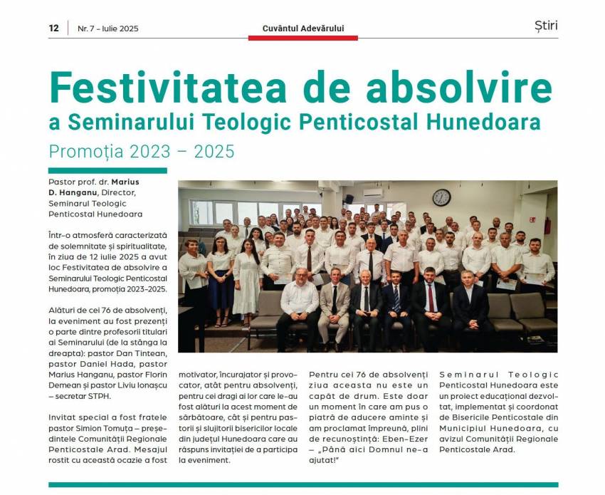 FESTIVITATEA DE ABSOLVIRE a SEMINARULUI TEOLOGIC PENTICOSTAL HUNEDOARA - în Revista CUVÂNTUL ADEVĂRULUI