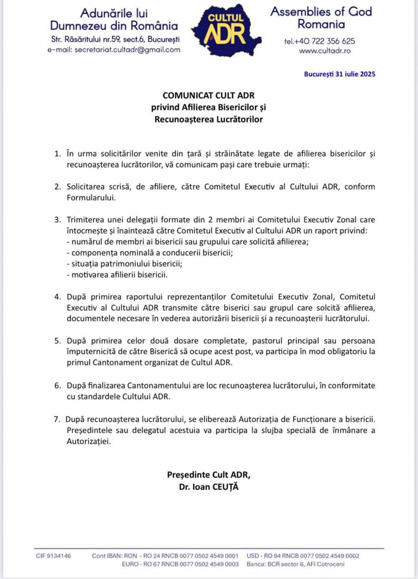 Cultul Adunările lui Dumnezeu din România | COMUNICAT