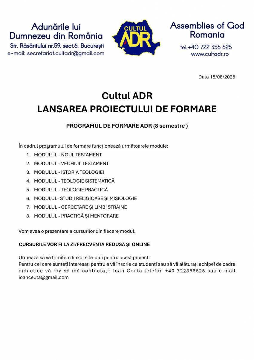 Cultul Adunările lui Dumnezeu din România | Lansarea Proiectului de Formare