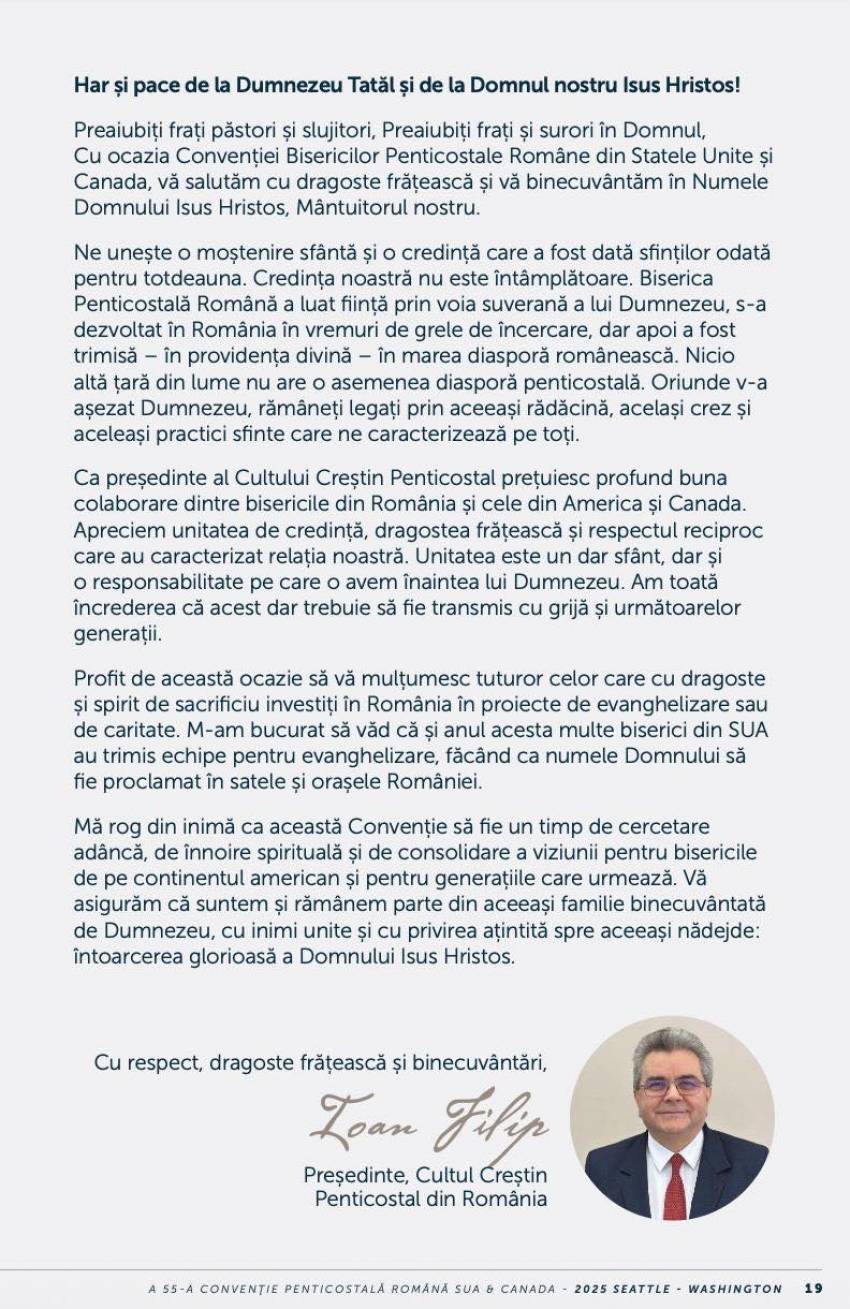 Nelu Filip ◉ Salut transmis cu ocazia Convenției Bisericilor Penticostale Române din SUA și Canada