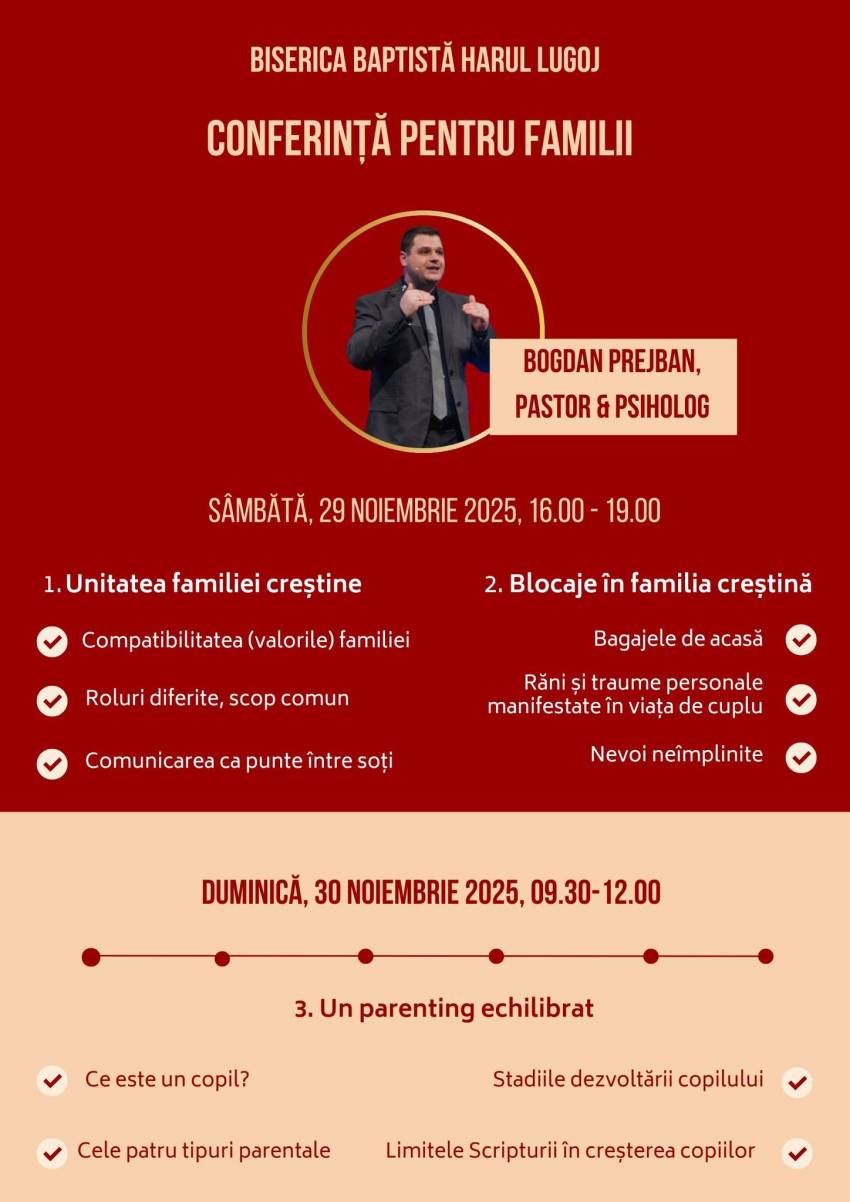 Conferință pentru familii cu Bogdan Prejban la Biserica Harul Lugoj