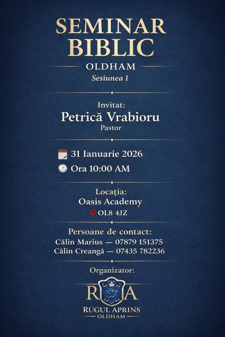 Seminar biblic cu Petrică Vrăbioru la Biserica Rugul Aprins Oldham