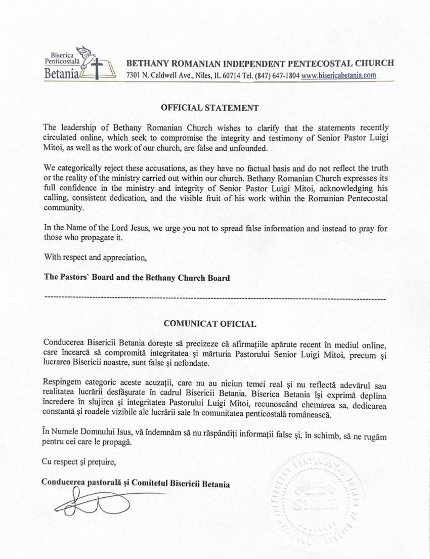 Comunicat Oficial al Bisericii Betania Chicago
