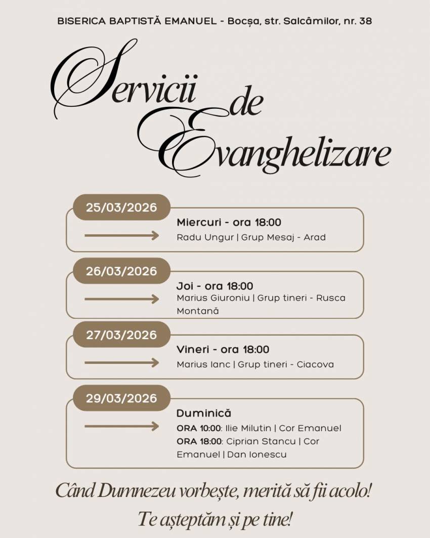 Servicii de evanghelizare la Biserica Emanuel Bocșa