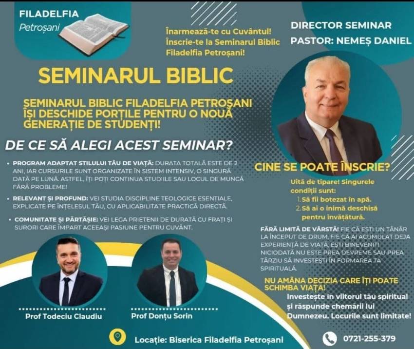 Înscrieri la Seminarul Teologic Filadelfia Petroșani