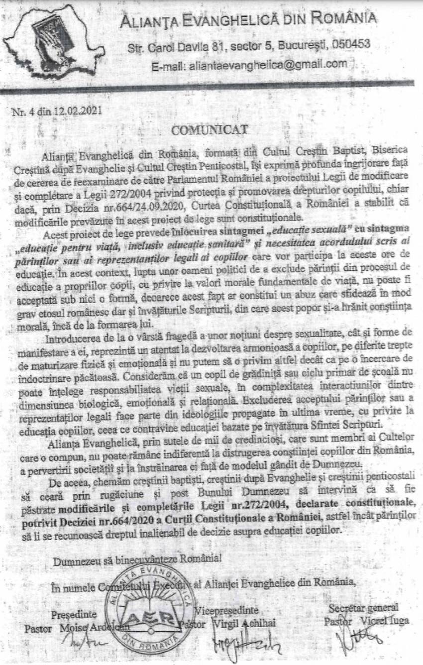 Alianța Evanghelică din România ◉ COMUNICAT