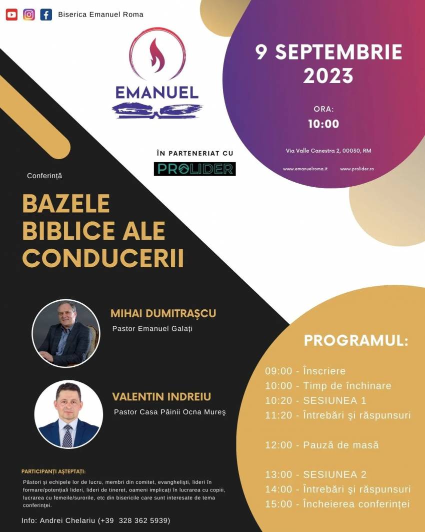 Conferința „Bazele biblice ale conducerii” la Biserica Emanuel Roma
