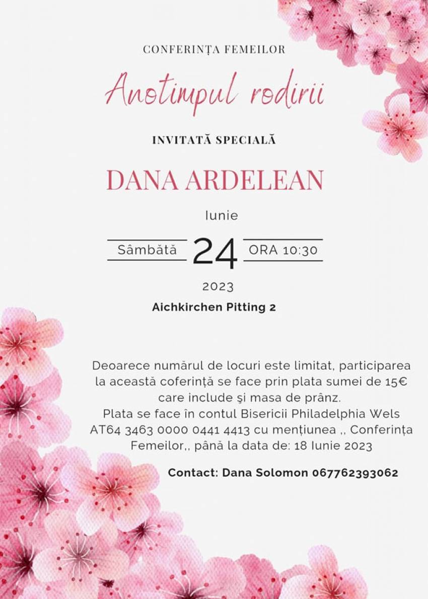 Conferință pentru femei cu Dana Ardelean la Biserica Philadelphia Wels