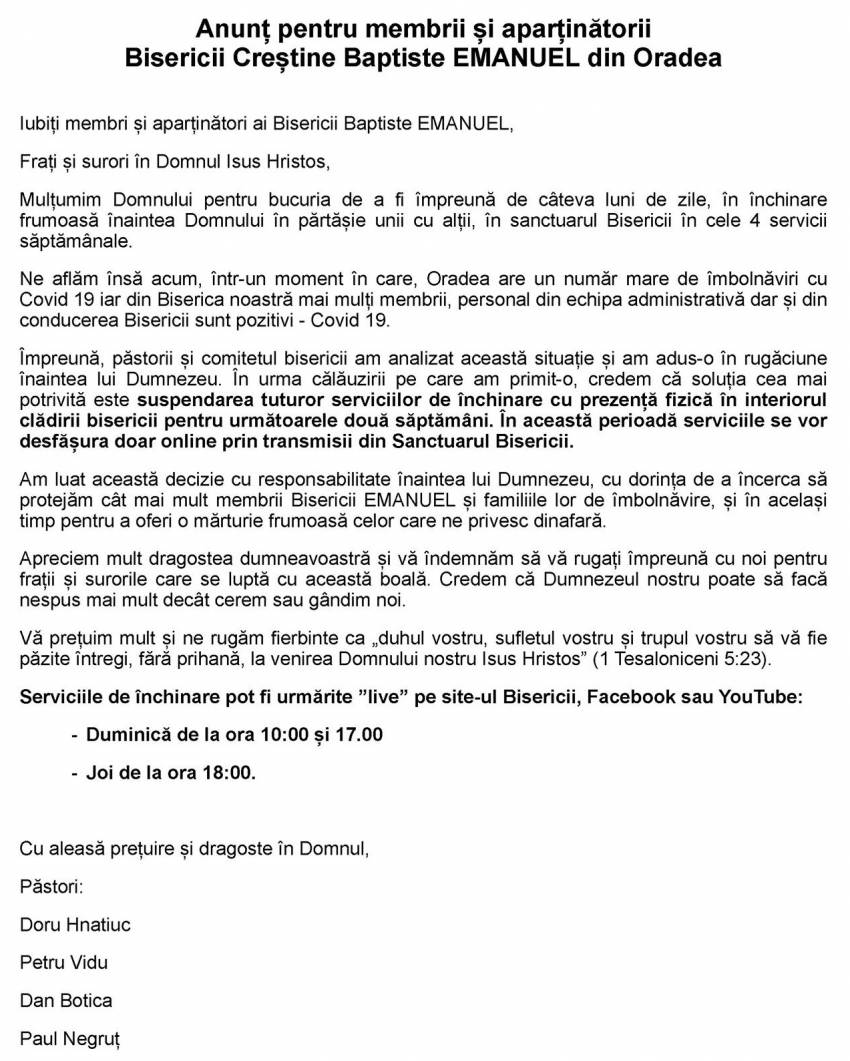 COMUNICAT ◉ Biserica Emanuel Oradea își suspendă toate serviciile de închinare cu prezență fizică!