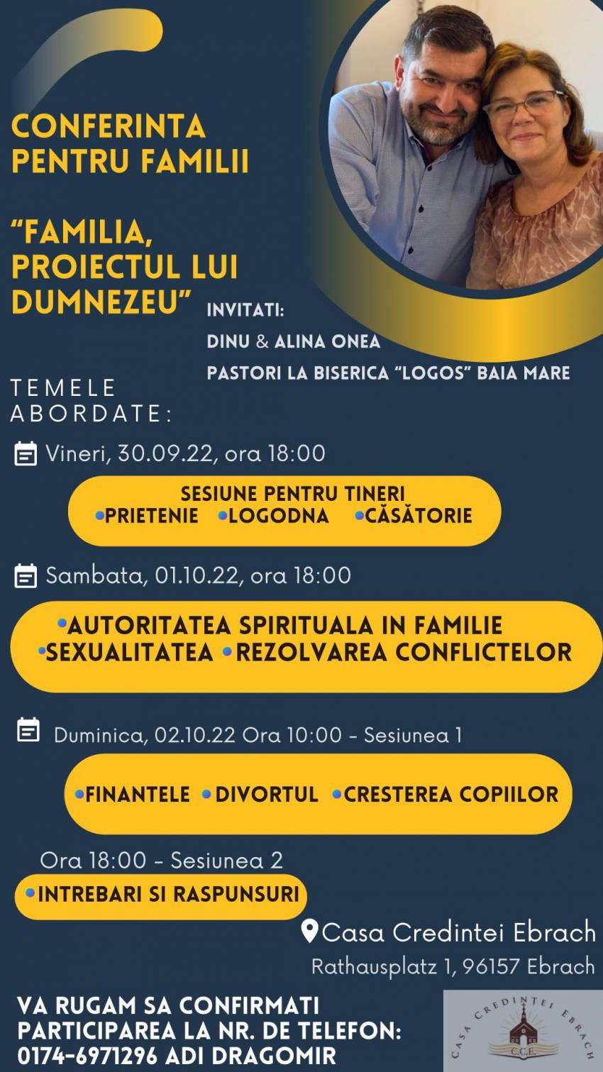 Conferință pentru familii cu Dinu & Alina Onea la Casa Credinţei Ebrach
