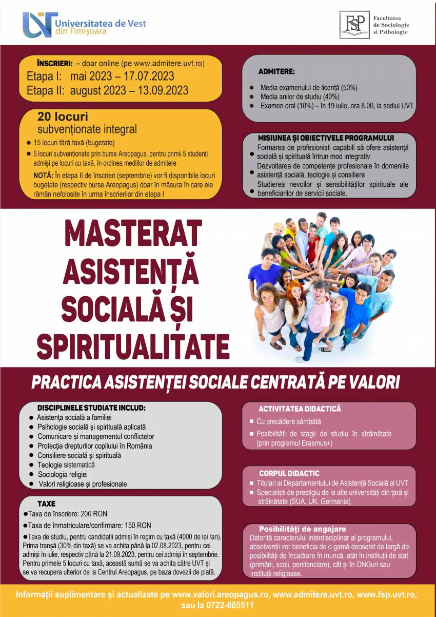 ÎNSCRIERI MASTERAT ASISTENȚĂ SOCIALĂ și TEOLOGIE / SPIRITUALITATE