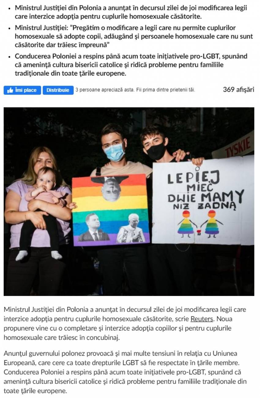 Un exemplu de urmat: Ministerul Justiţiei din Polonia interzice total adopţia pentru cuplurile homosexuale
