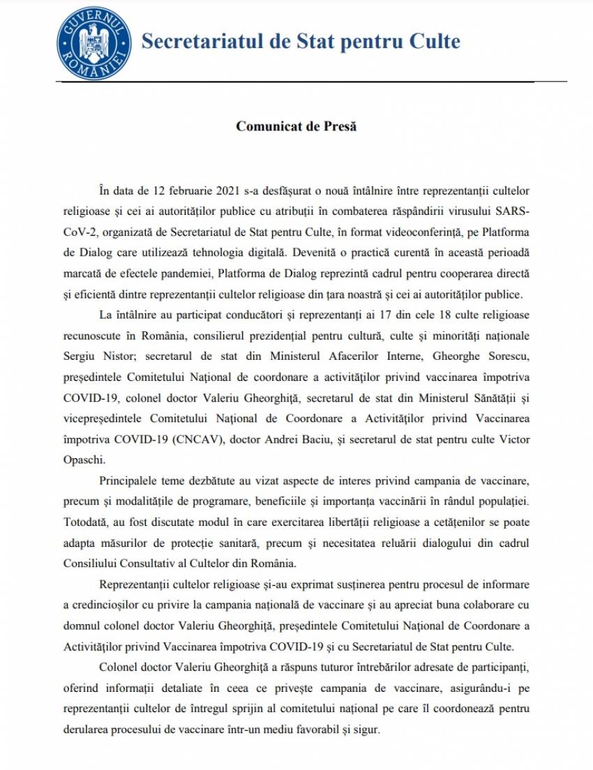 COMUNICAT ◉ O nouă întâlnire între reprezentanții cultelor religioase și cei ai autorităților publice