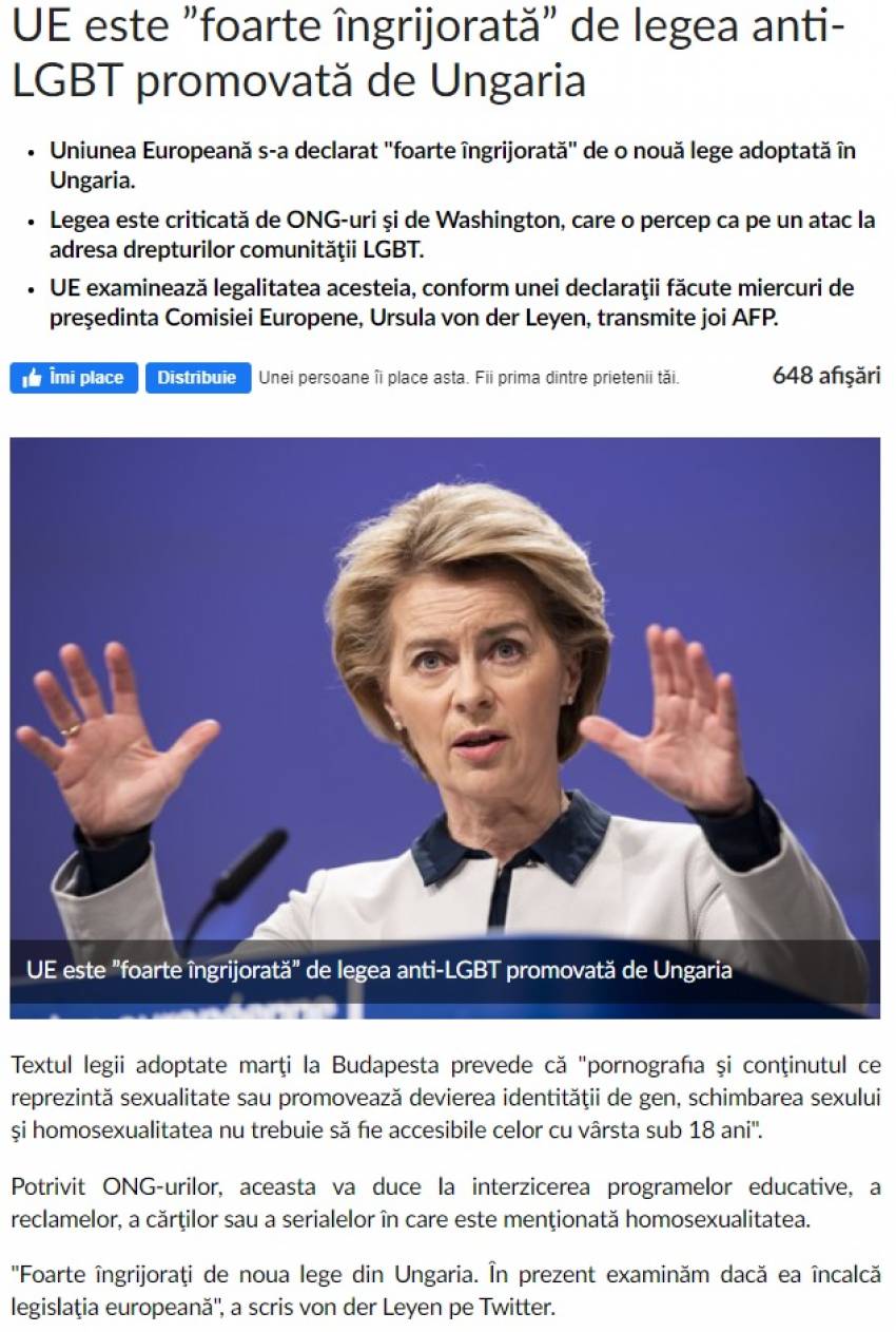UE este ”foarte îngrijorată” de legea anti-LGBT promovată de Ungaria