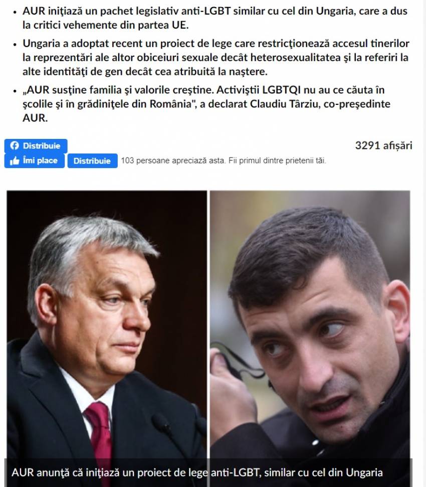 AUR anunţă că iniţiază un proiect de lege anti-LGBT, similar cu cel din Ungaria