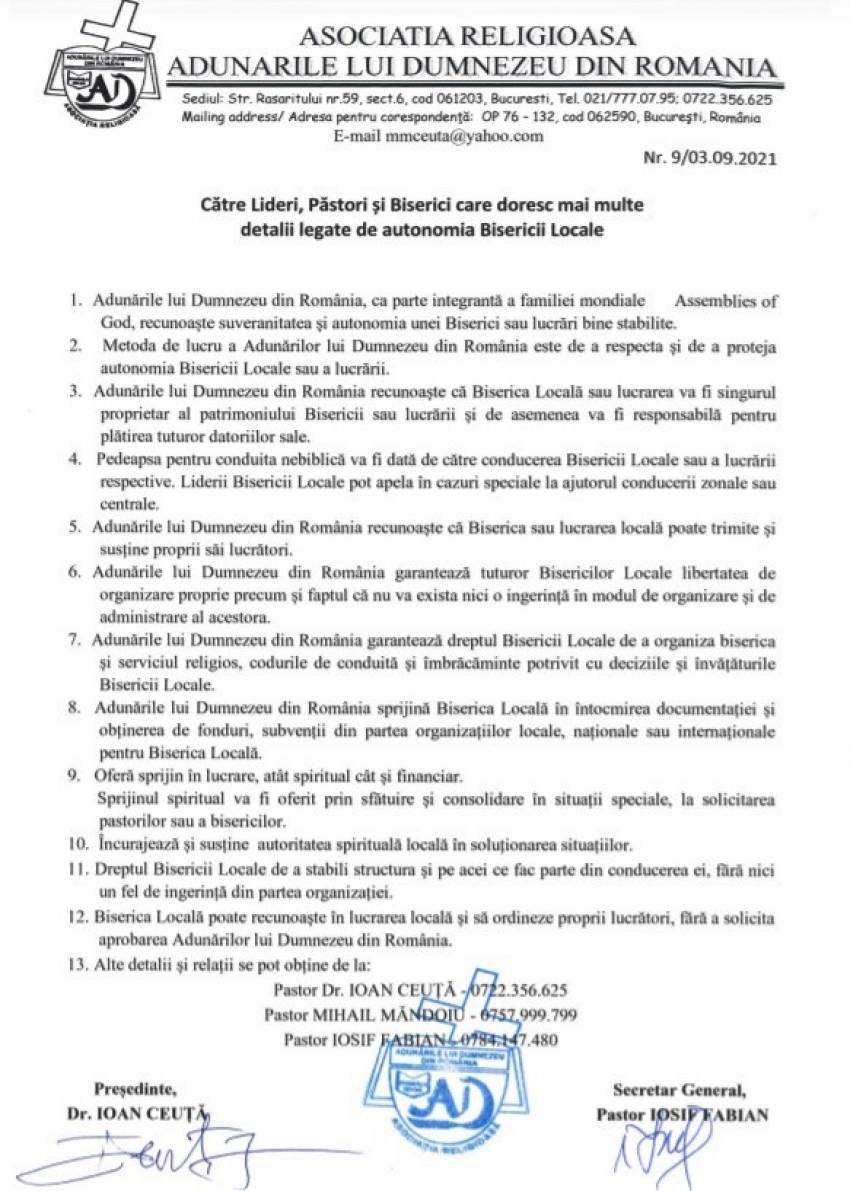 Adunările lui Dumnezeu din România ◉ COMUNICAT